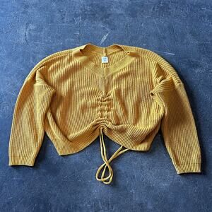 Star + Sky Oversized Crop Sweater Size L Yellow Tie Top Long Sleeve Knit
